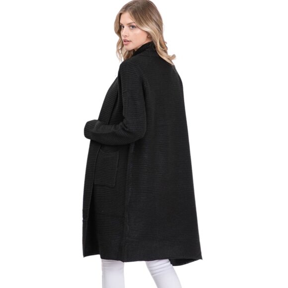 Heavy Knit Long Open Cardigan with Pockets in Black - Picture 2 of 5